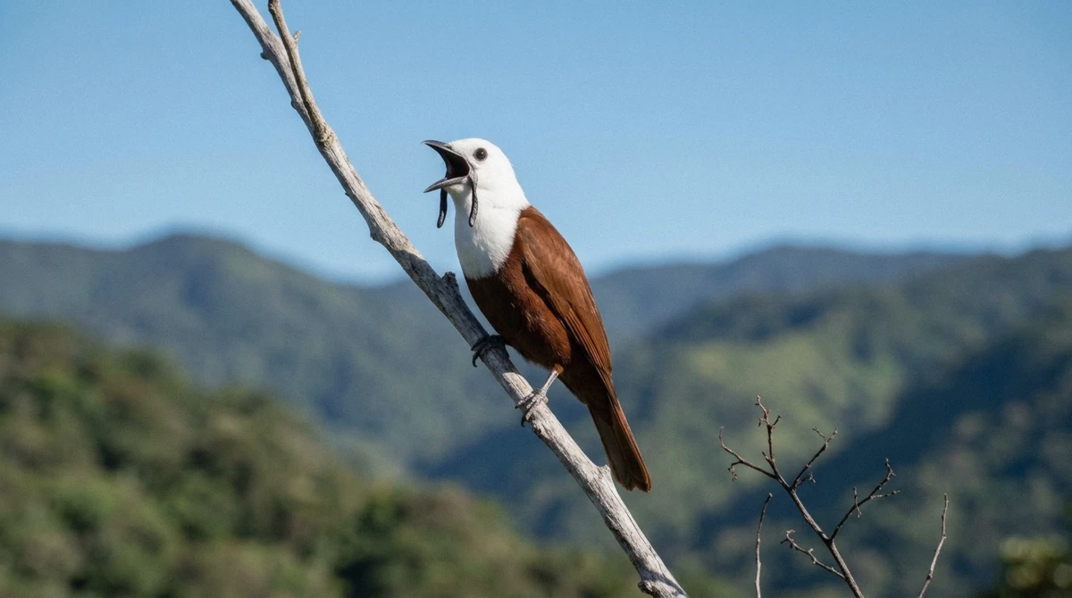 Three-wattled bellbird calling from an exposed canopy perch, one of the headline Monteverde cloud forest birds
