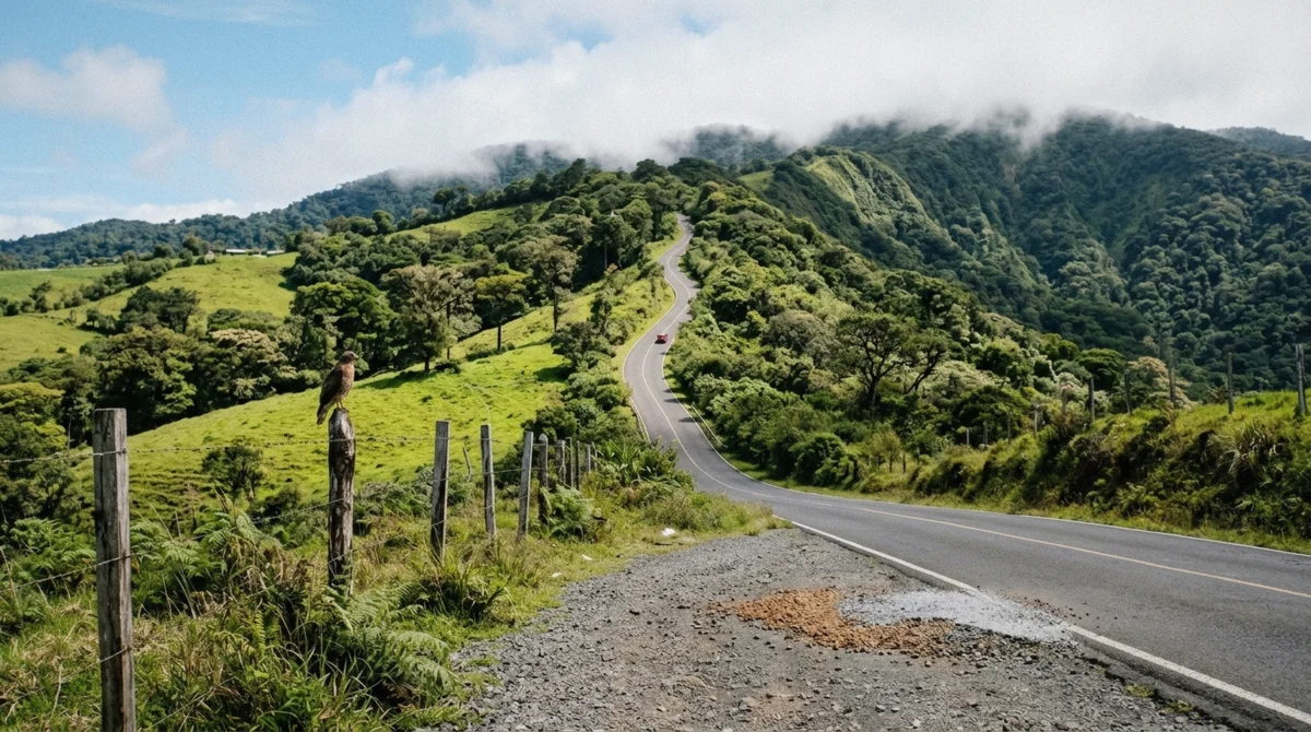 Winding paved mountain road climbing toward Santa Elena, the route travelers take when getting to Monteverde for a dawn birdwatching start