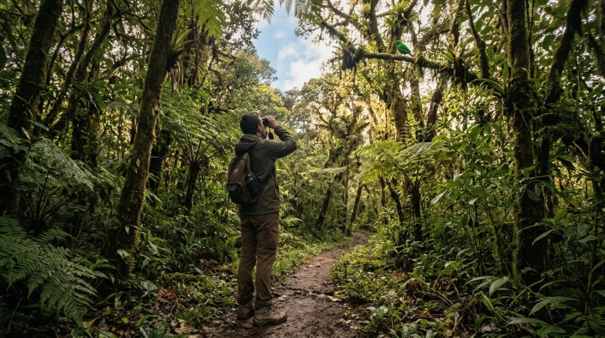 A birding guide pointing out a bird in the canopy to two visitors on a guided Monteverde cloud forest birding tour