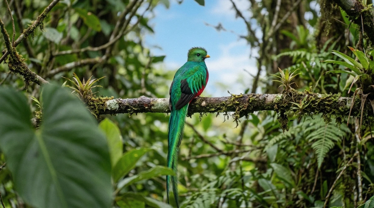 Resplendent quetzal perched in the canopy during breeding season, the best time for birdwatching in Monteverde cloud forest