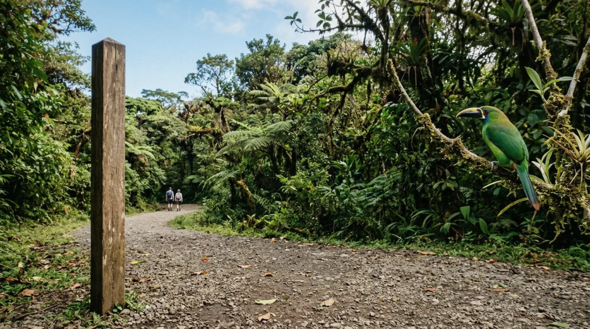 Sunlit gravel trail at a Monteverde cloud forest reserve entrance with an emerald toucanet perched beside it, from our Monteverde reserves compared birdwatching guide