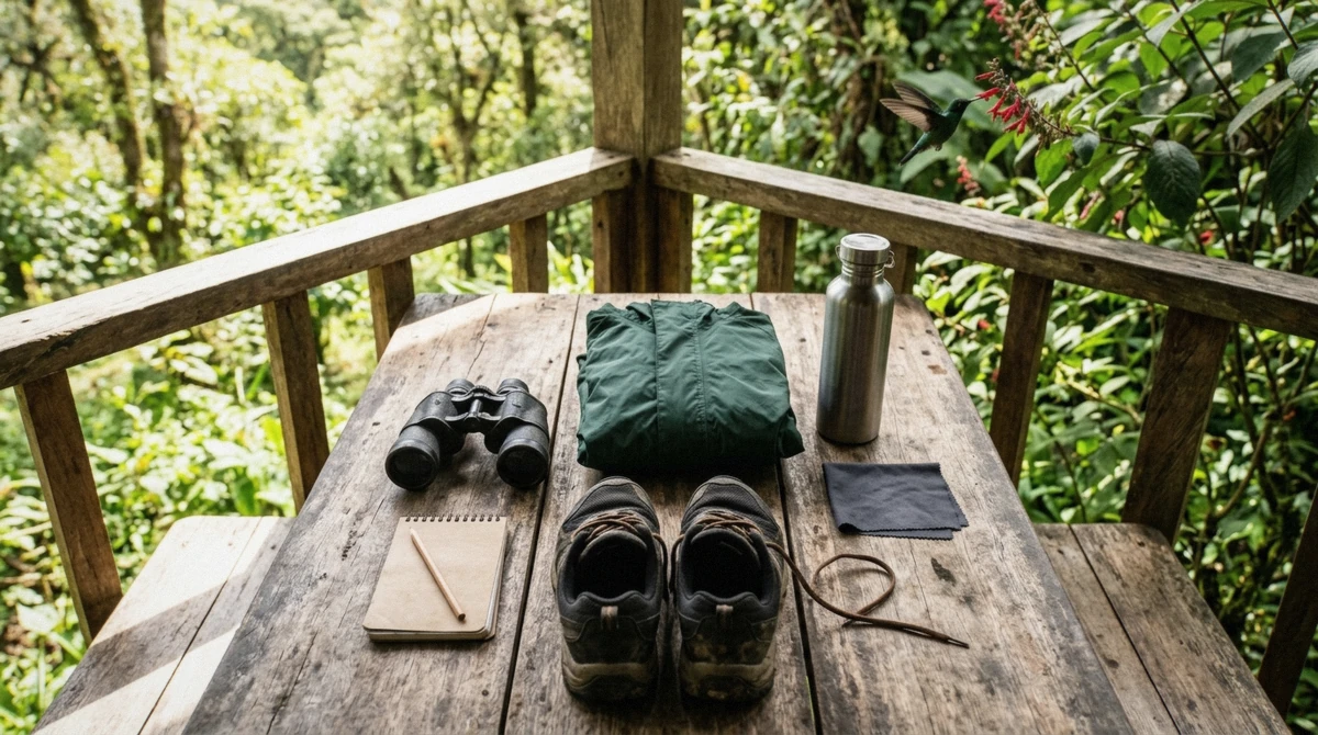 A day bag laid out with binoculars, a rain jacket and water shoes packed for birdwatching in Monteverde's cloud forest